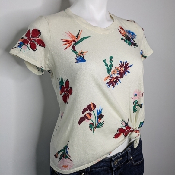 ✨3/$15 Madewell white red pink floral cotton side tie tshirt S - Picture 4 of 10